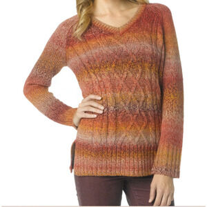 Prana Leisel Cable V-Neck Pullover Sweater Knit Ombre Autumn Orange Size Large